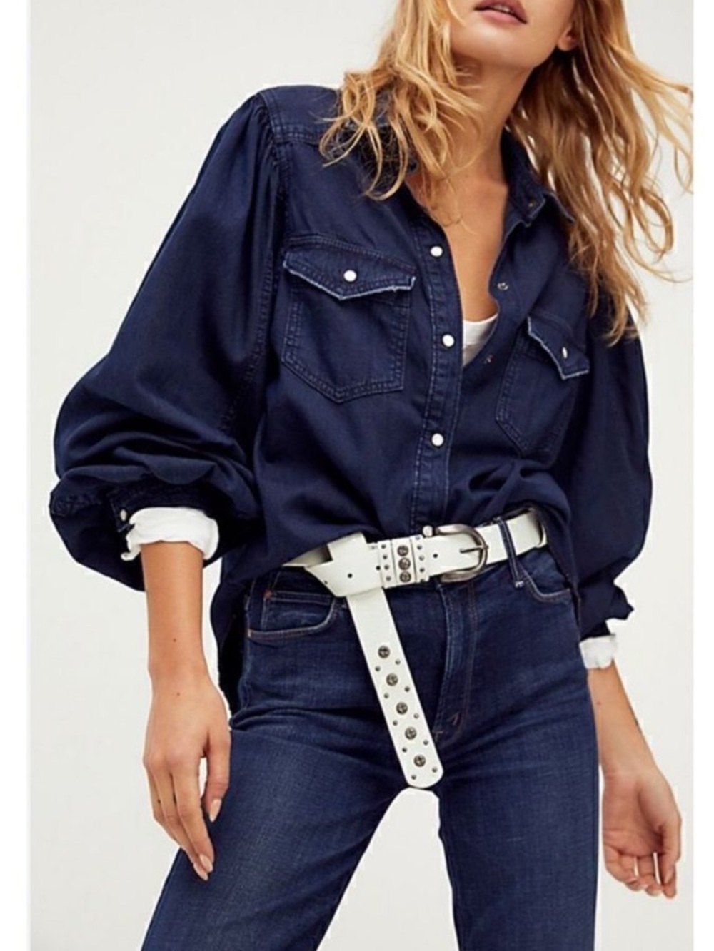 Free People With Love Denim Button Down Shirt Blue Size XS